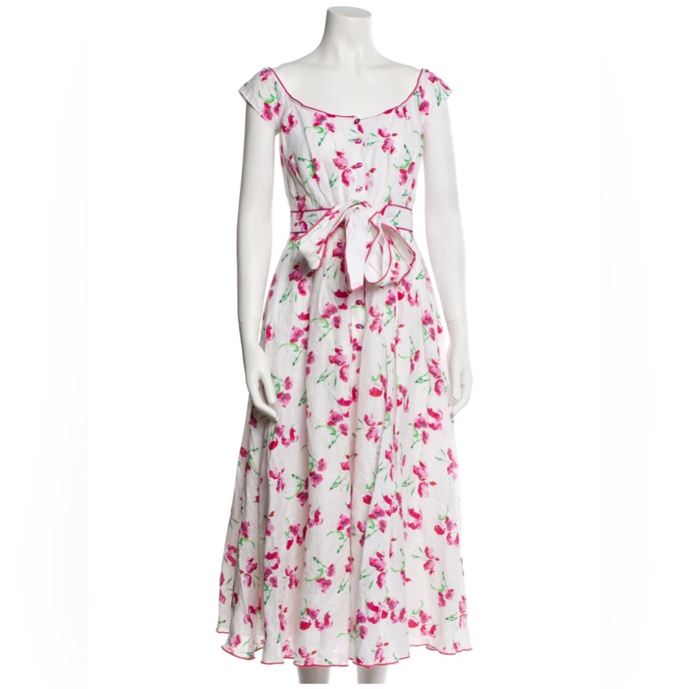 Gul Hurgel- White Fuchsia Floral Linen Dress- Size XS